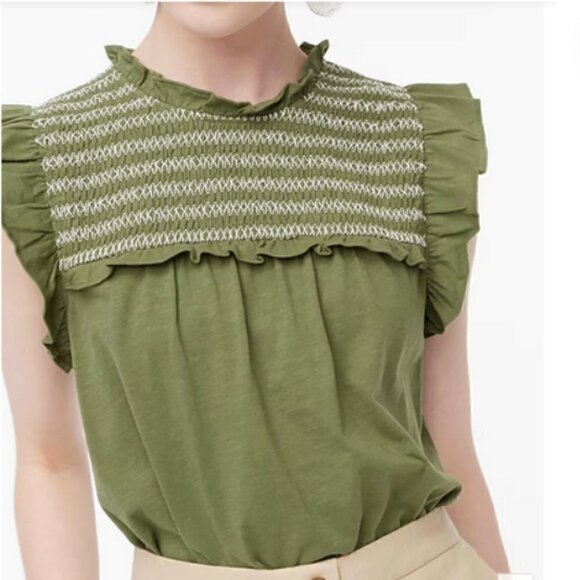 J. Crew Ruffle-Sleeve Smocked Top, Moss Green - Picture 1 of 5